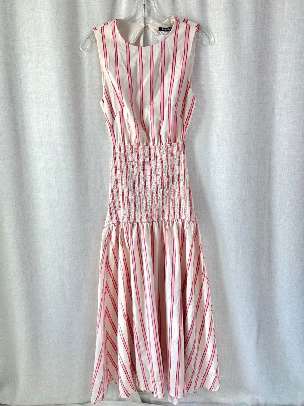 BaeVely Blushing Fields Striped Smocked Midi Dress Pink Size Small NWT